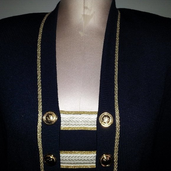 St John Collection By Marie Gray stripped Navy Crop Top Cardigan Jacket sz 6 - Picture 4 of 9